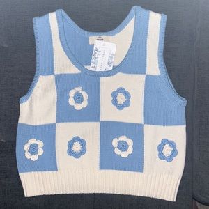 NWT Sz.S Entro Blue Checked Floral Cropped Crochet Top